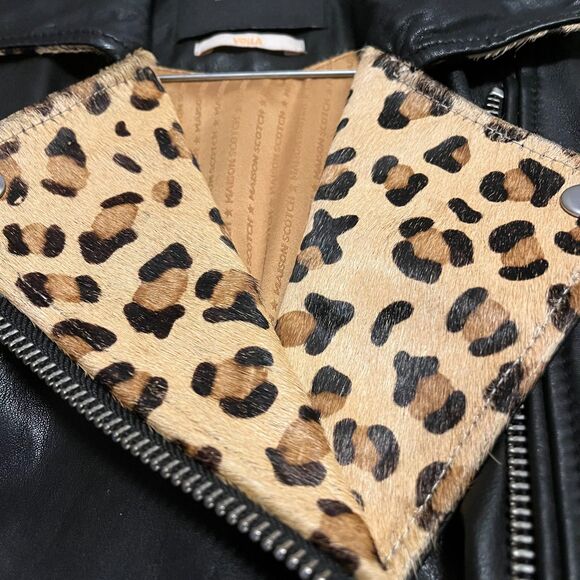 Scotch & Soda Womens Black Leather & Leopard Trim Biker Jacket NWOT Small - Picture 4 of 12